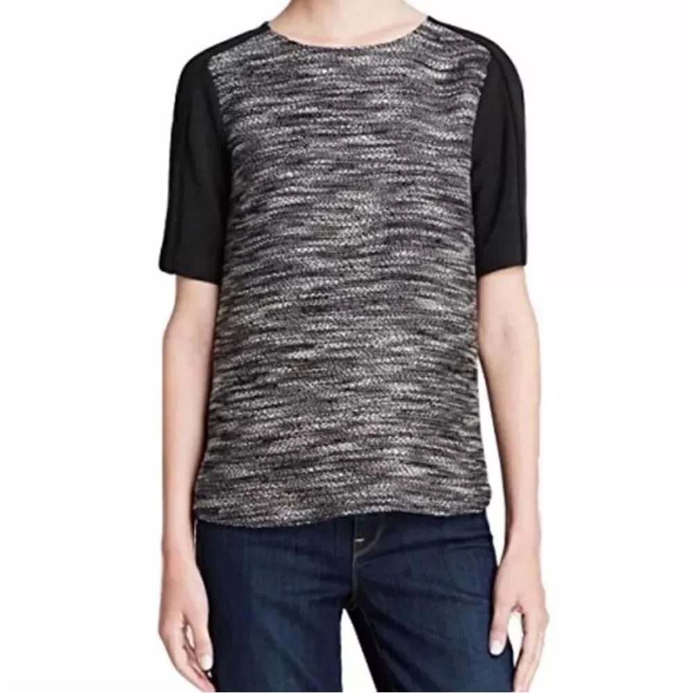 VINCE Black Gray Textured Tweed Stretch Boxy Fit Short Sleeve Shirt S